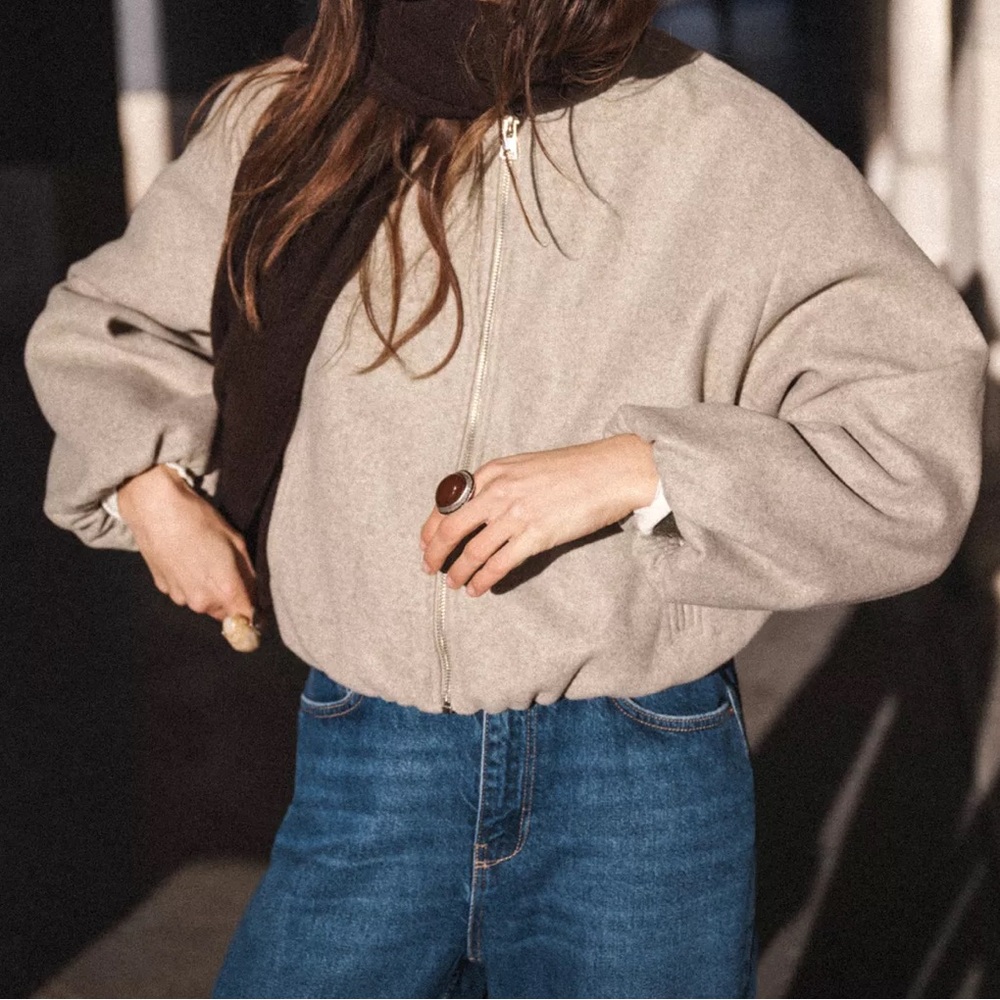Zara Beige Elastic Trim Soft Bomber Zip-Up Jacket